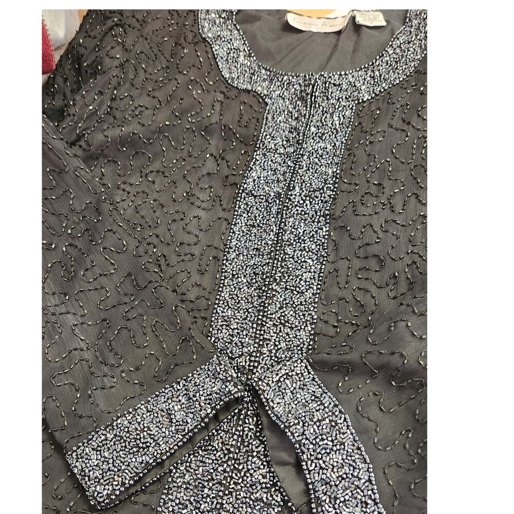 Vintage Laurence Kazar Full Beaded Silk Black Cocktail Evening Jacket Size Small - Picture 5 of 7